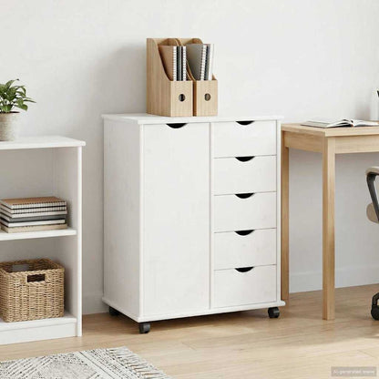 Rolling Cabinet White 63.5 x 39 x 79 cm Solid Pine Wood