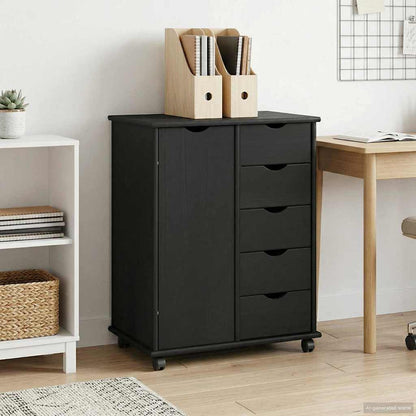 Rolling Cabinet Black 63.5 x 39 x 79 cm Solid Pine Wood