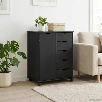 Rolling Cabinet Black 63.5 x 39 x 79 cm Solid Pine Wood