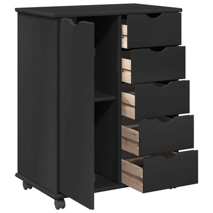 Rolling Cabinet Black 63.5 x 39 x 79 cm Solid Pine Wood