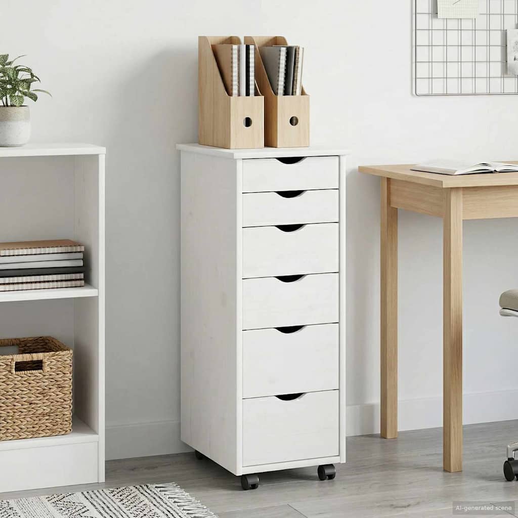 Rolling Cabinet White 34 x 39 x 93.5 cm Solid Pine Wood