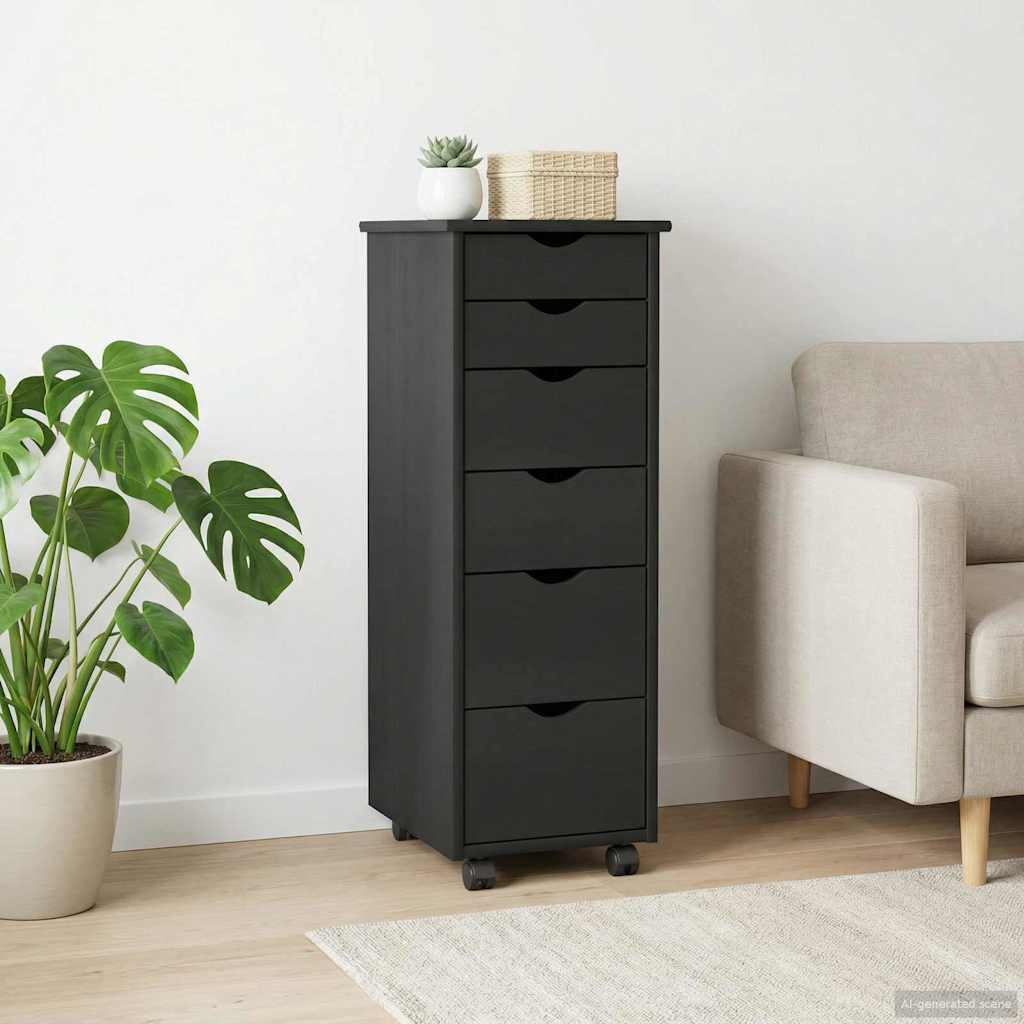 Rolling Cabinet Black 34 x 39 x 93.5 cm Solid Pine Wood
