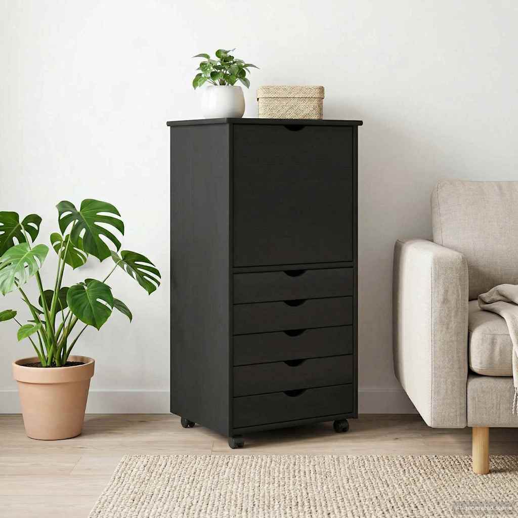 Rolling Cabinet Black 53 x 39 x 103 cm Solid Pine Wood