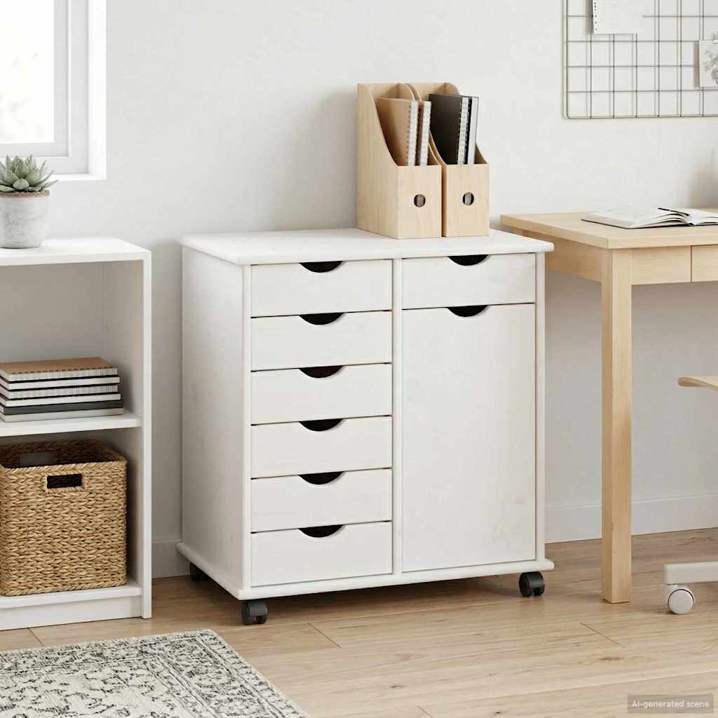 Rolling Cabinet White 63.5 x 39 x 65.5 cm Solid Pine Wood