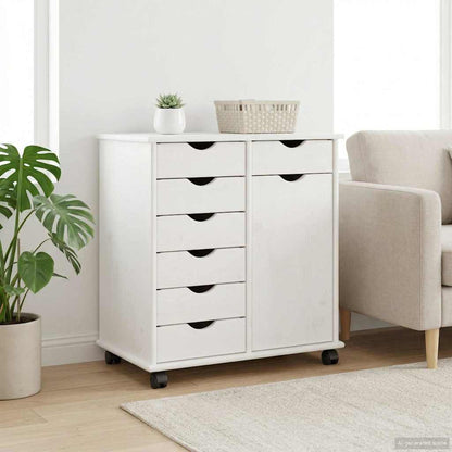 Rolling Cabinet White 63.5 x 39 x 65.5 cm Solid Pine Wood
