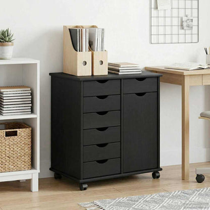 Rolling Cabinet Black 63.5 x 39 x 65.5 cm Solid Pine Wood