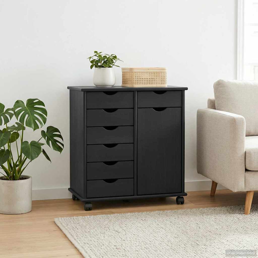 Rolling Cabinet Black 63.5 x 39 x 65.5 cm Solid Pine Wood