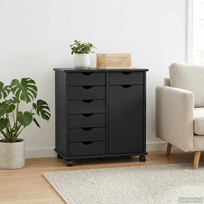 Rolling Cabinet Black 63.5 x 39 x 65.5 cm Solid Pine Wood