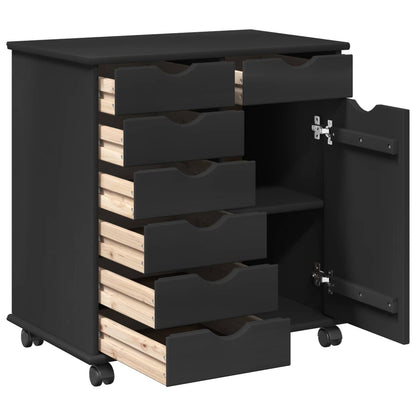 Rolling Cabinet Black 63.5 x 39 x 65.5 cm Solid Pine Wood