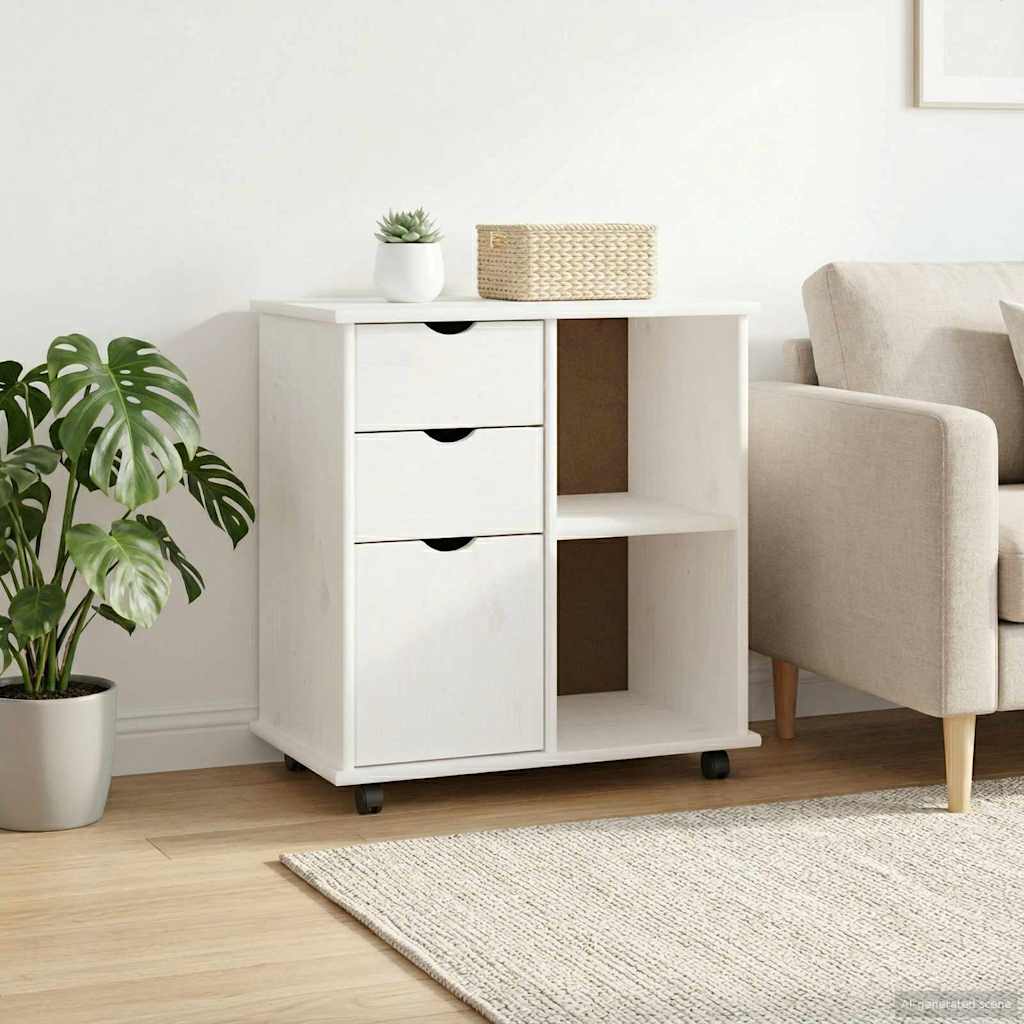 Rolling Cabinet White 63.5 x 39 x 65.5 cm Solid Pine Wood