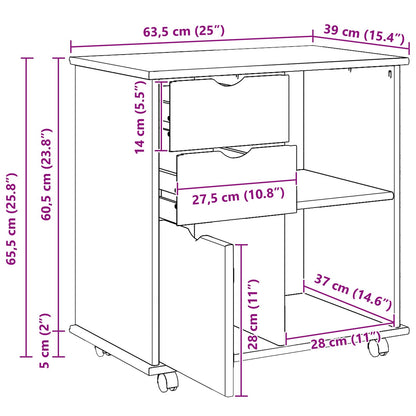 Rolling Cabinet White 63.5 x 39 x 65.5 cm Solid Pine Wood