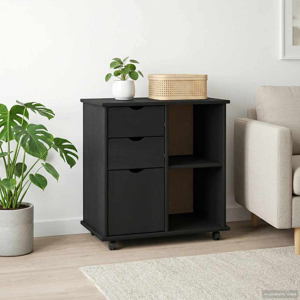 Rolling Cabinet Black 63.5 x 39 x 65.5 cm Solid Pine Wood