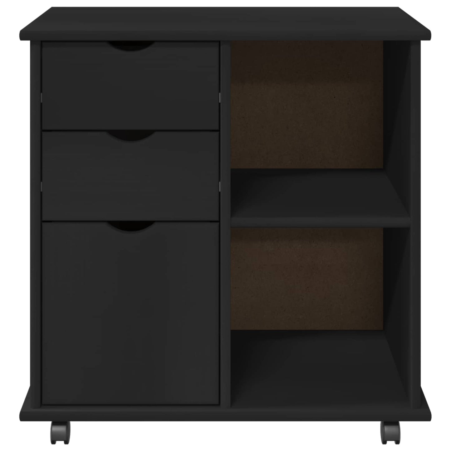 Rolling Cabinet Black 63.5 x 39 x 65.5 cm Solid Pine Wood