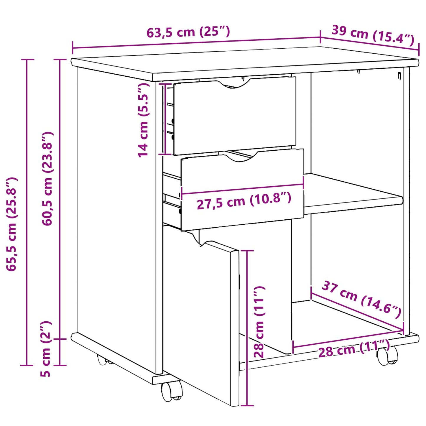 Rolling Cabinet Black 63.5 x 39 x 65.5 cm Solid Pine Wood