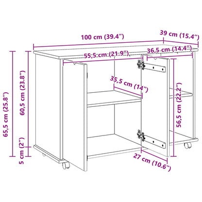 Rolling Cabinet White 100 x 39 x 65.5 cm Solid Pine Wood