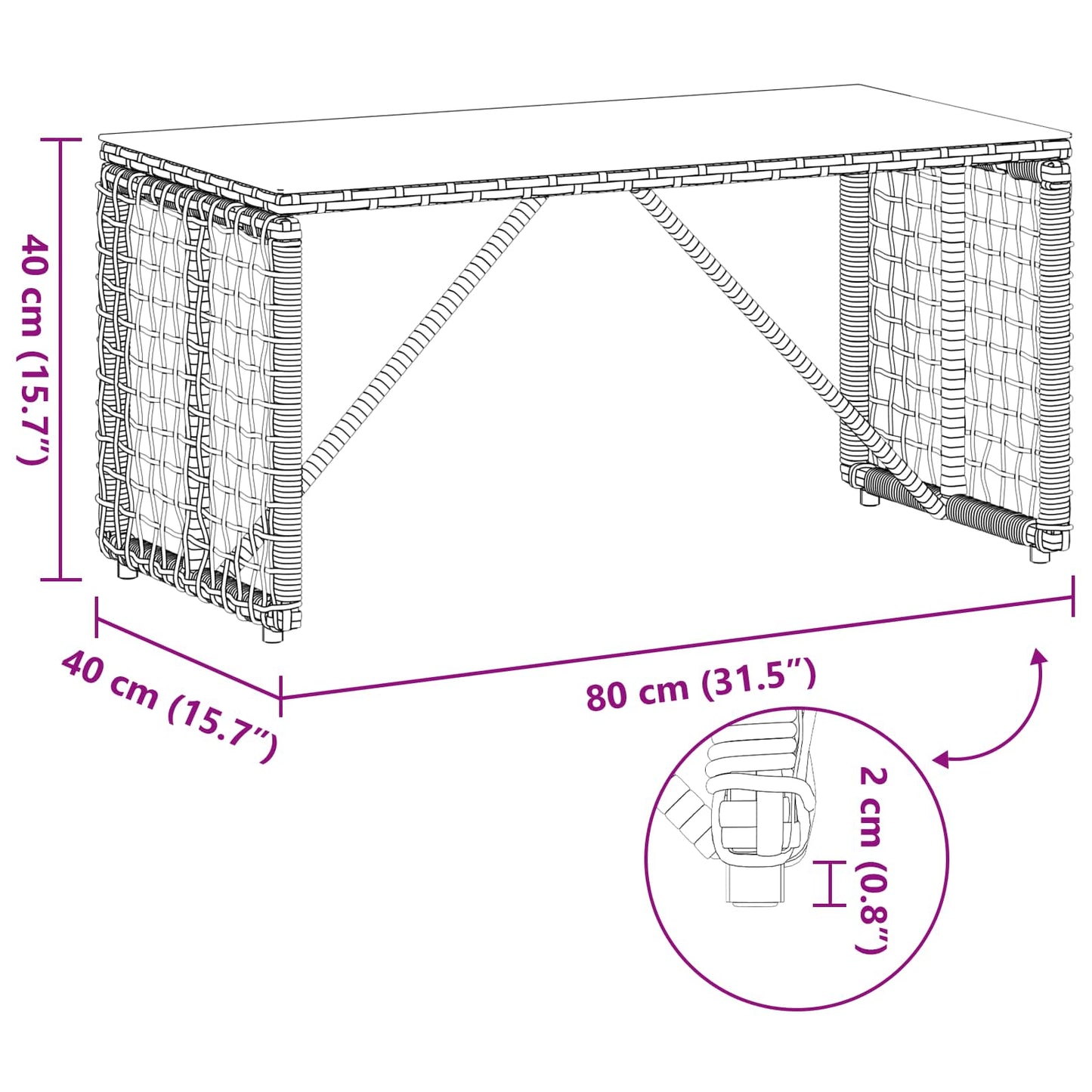 Outdoor Table Black 80 x 40 x 40 cm PE Rattan and Glass