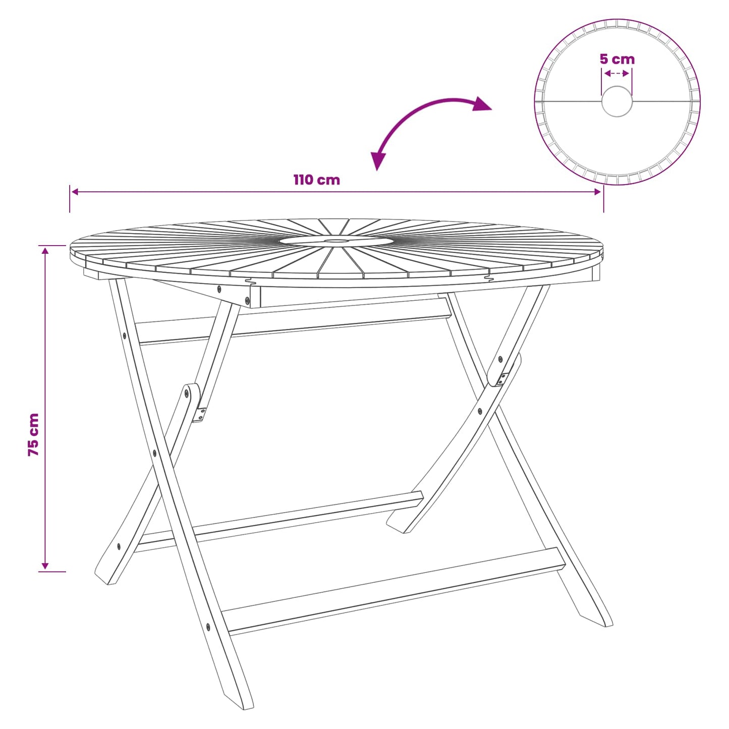 Folding Garden Table Natural Ø110 x 75 cm Solid Acacia Wood