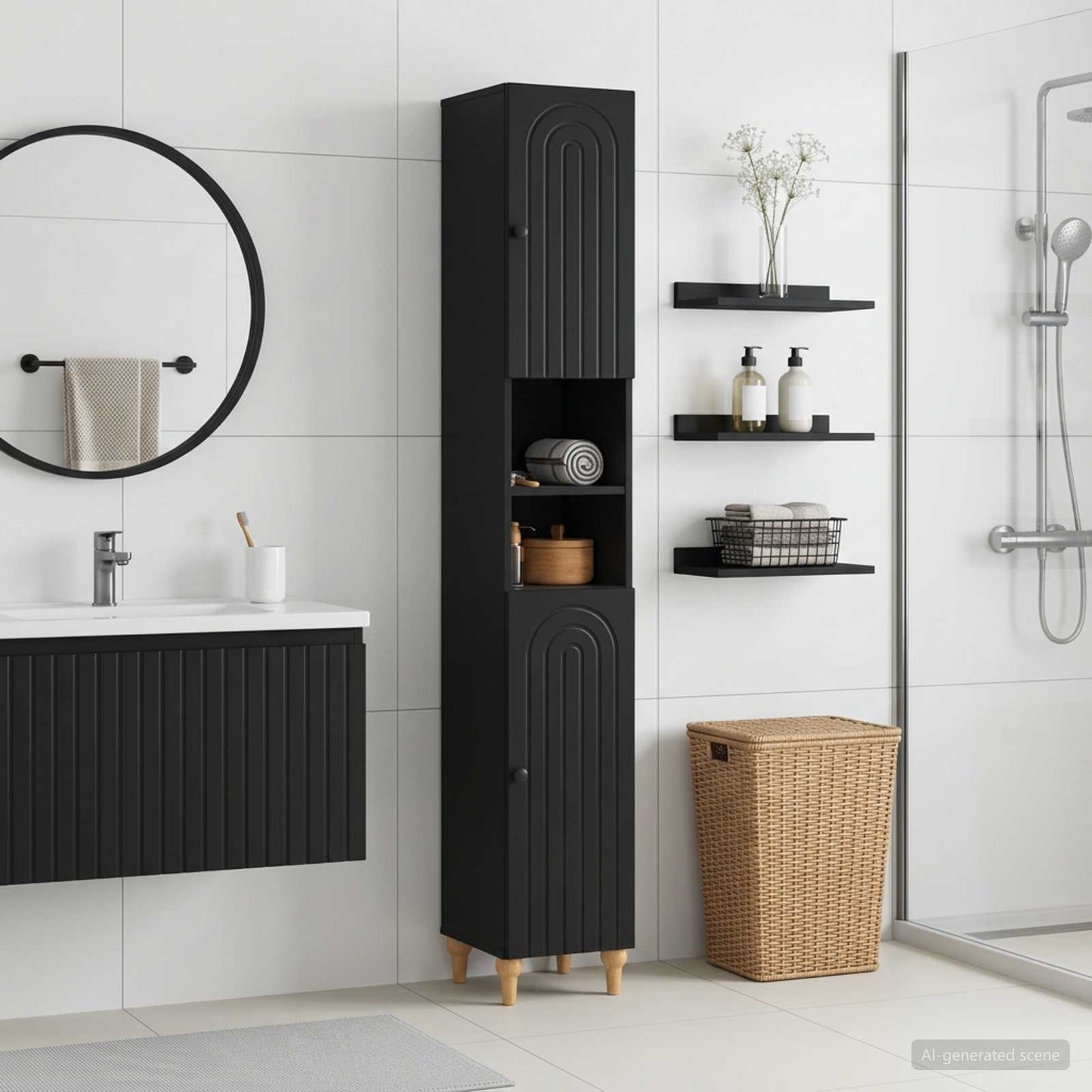 Bathroom Cabinet with Open Shelf ALKMAAR Black 30 x 31 x 190 cm
