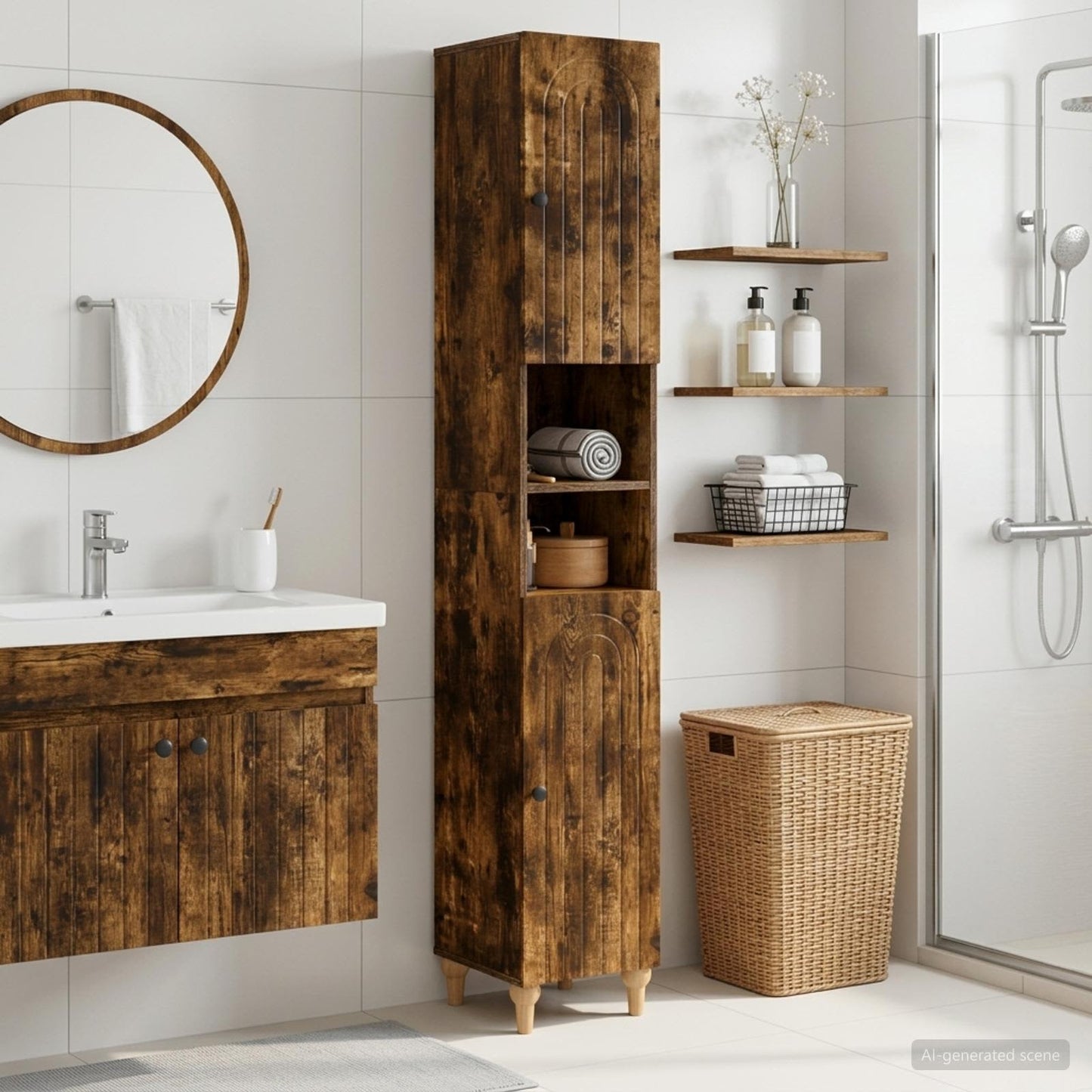 Bathroom Cabinet with Open Shelf ALKMAAR Smoked Oak