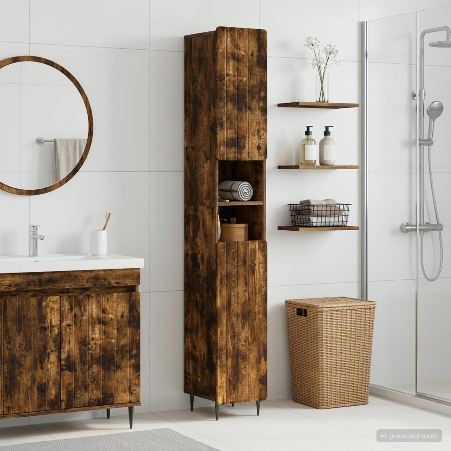 Bathroom Cabinet with Open Shelf ZWOLLE Smoked Oak