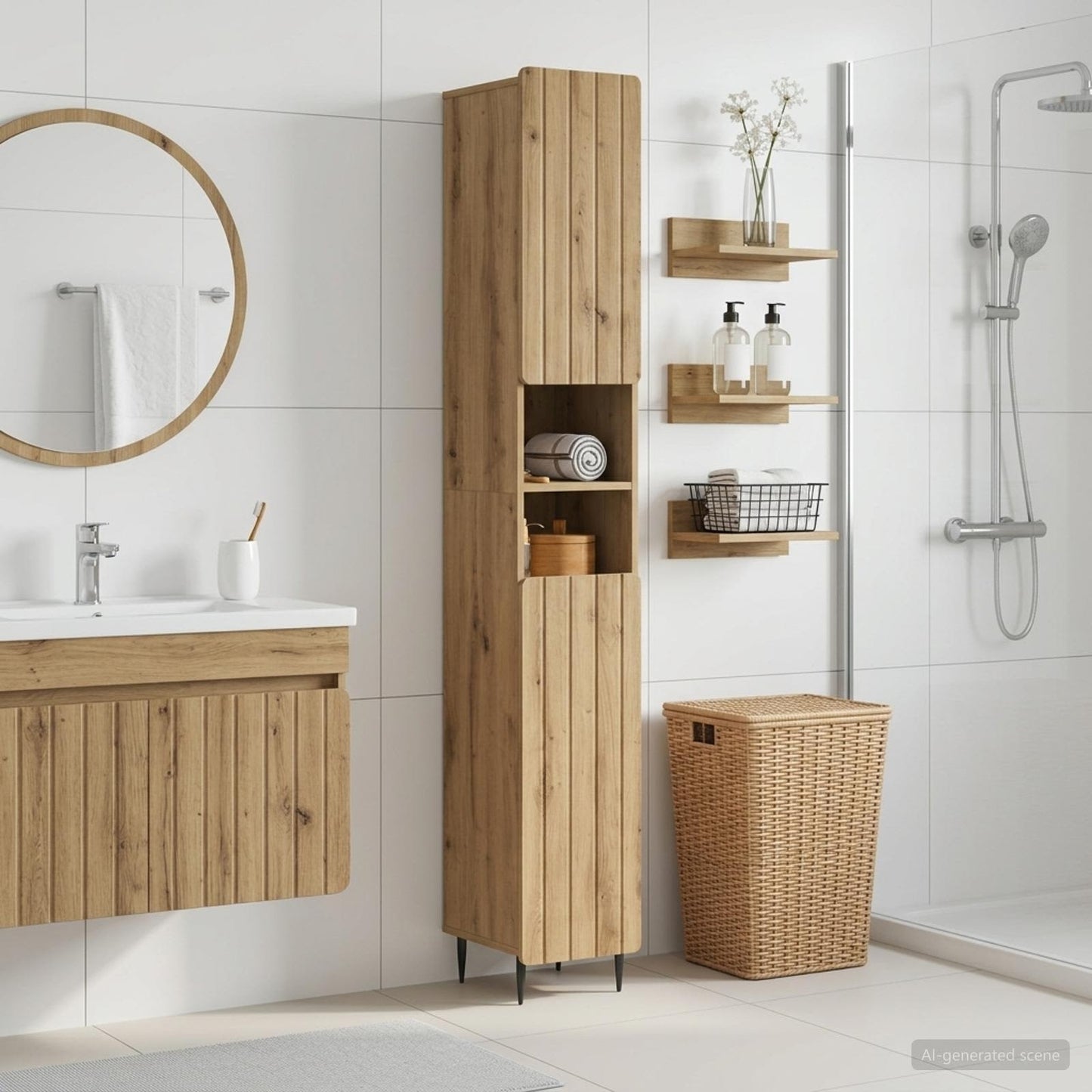 Bathroom Cabinet with Open Shelf ZWOLLE Artisan Oak