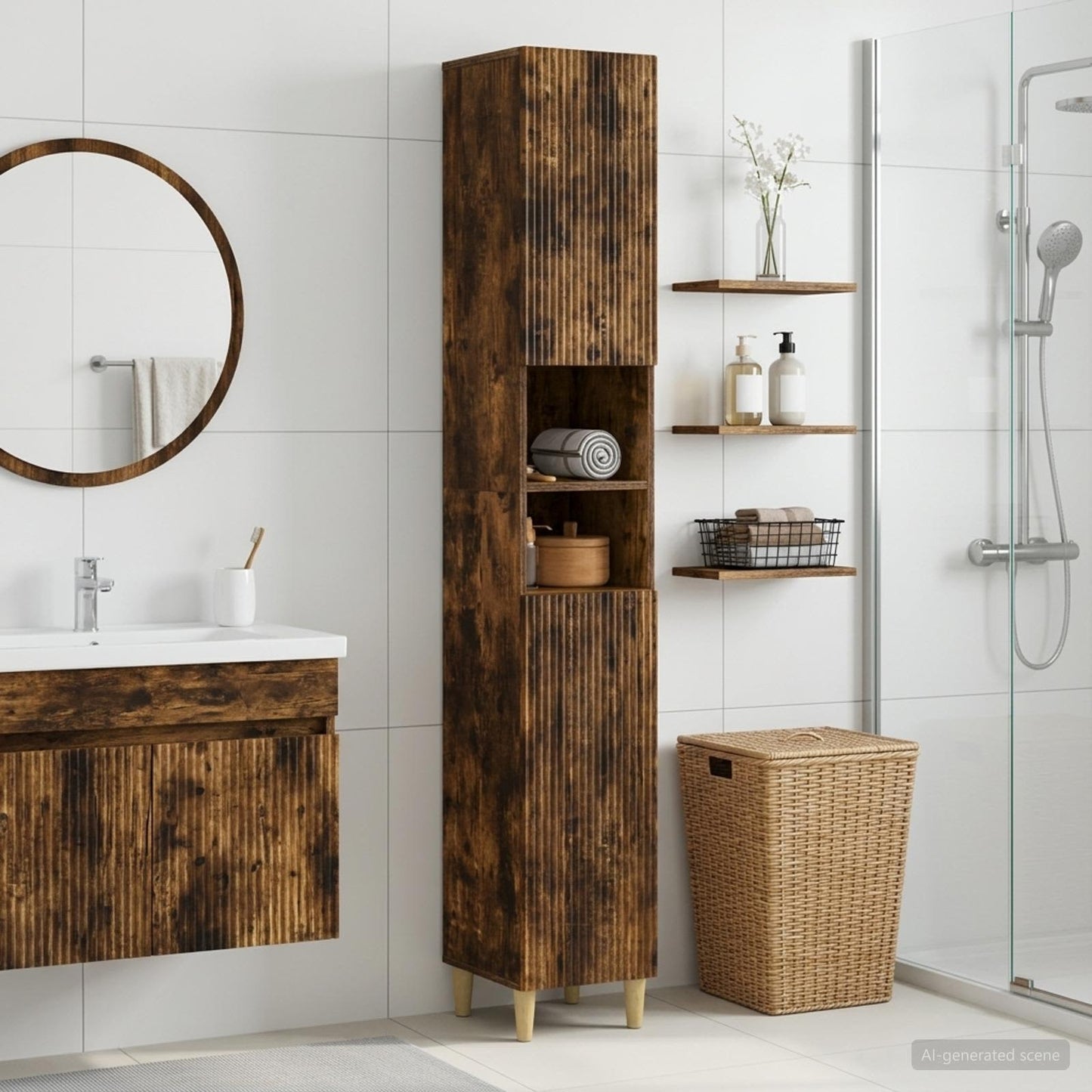 Bathroom Cabinet with Open Shelf ARNHEM Smoked Oak