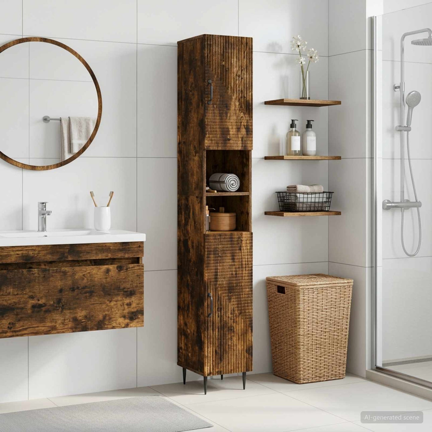Bathroom Cabinet with Open Shelf HAARLEM Smoked Oak