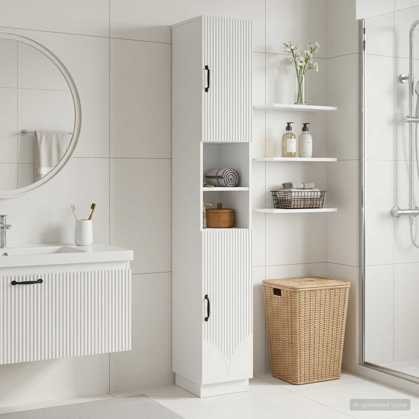 Bathroom Cabinet with Open Shelf HOORN White 30 x 31 x 187 cm