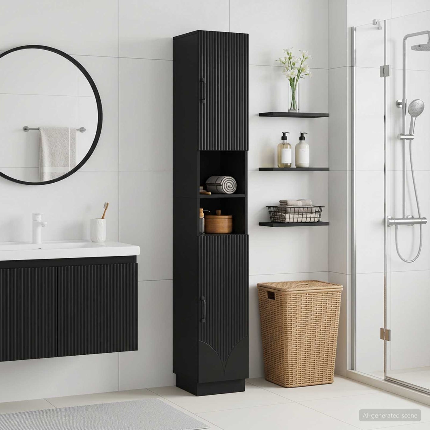 Bathroom Cabinet with Open Shelf HOORN Black 30 x 31 x 187 cm