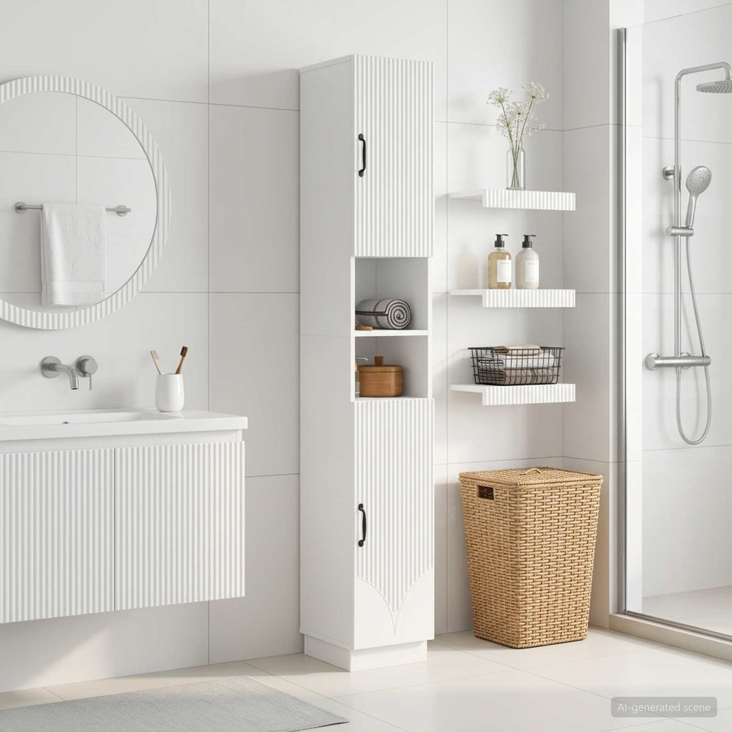 Bathroom Cabinet with Open Shelf HOORN High Gloss White
