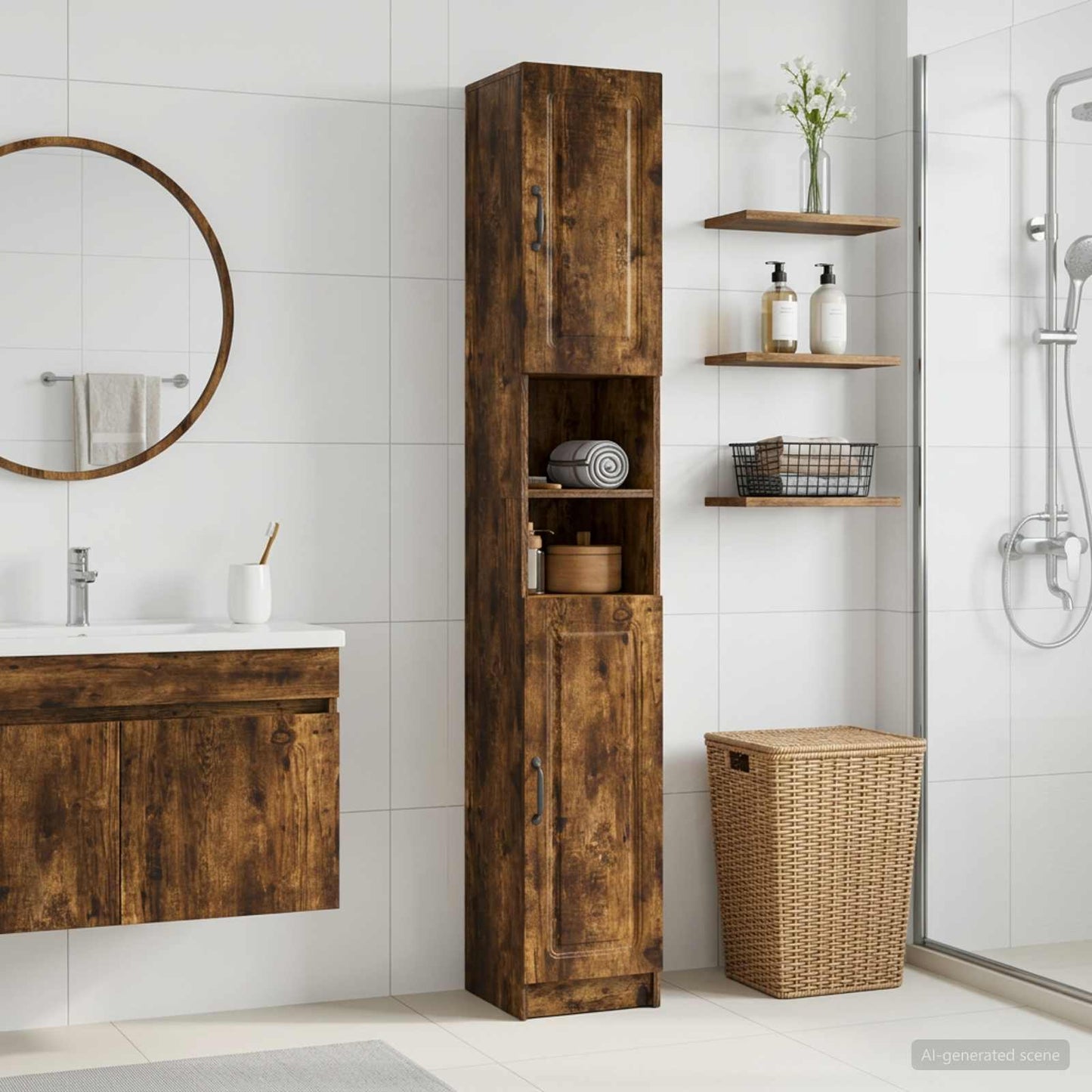 Bathroom Cabinet with Open Shelf UTRECHT Smoked Oak