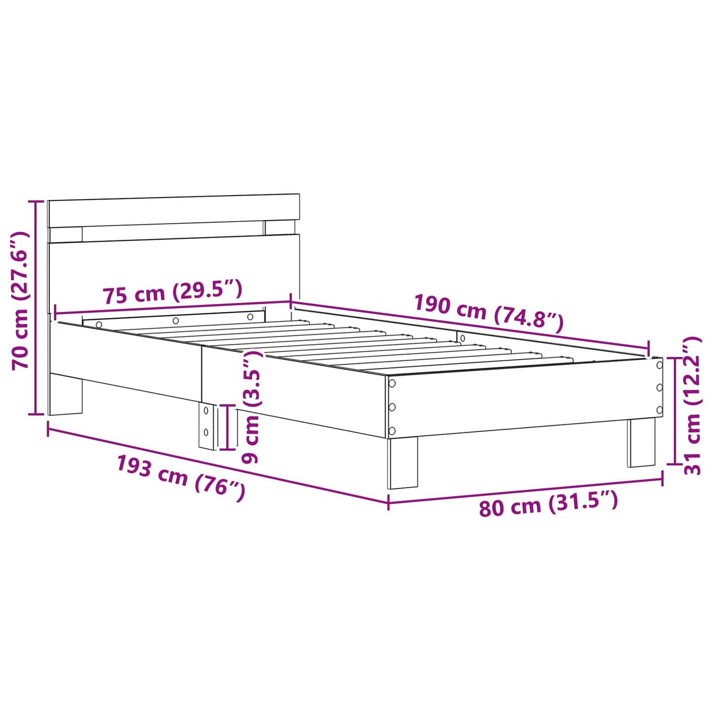 Bed Frame Black Oak 75 x 190 cm Engineered Wood