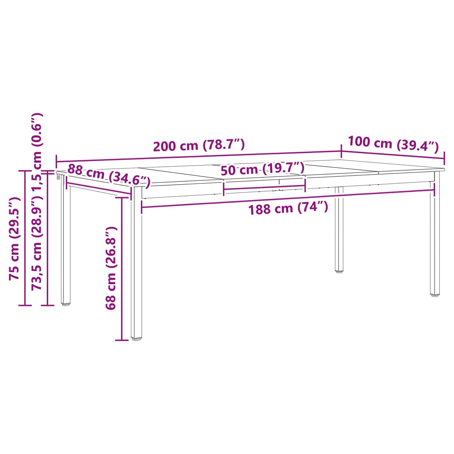 Dining Table White 200 x 100 x 75 cm Solid Pine Wood