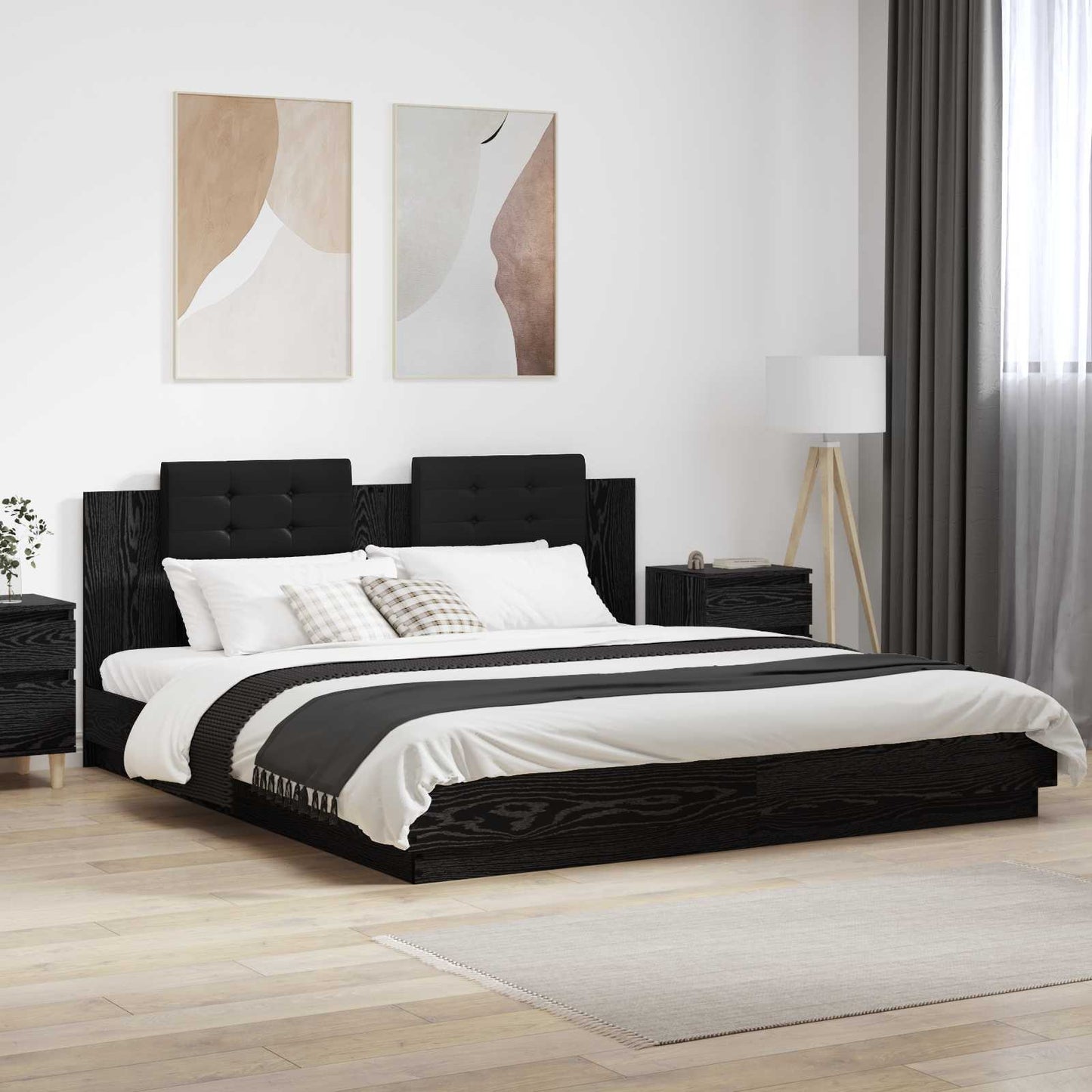 Bed Frame with Headboard Black Oak 200 x 200 cm Engineered Wood