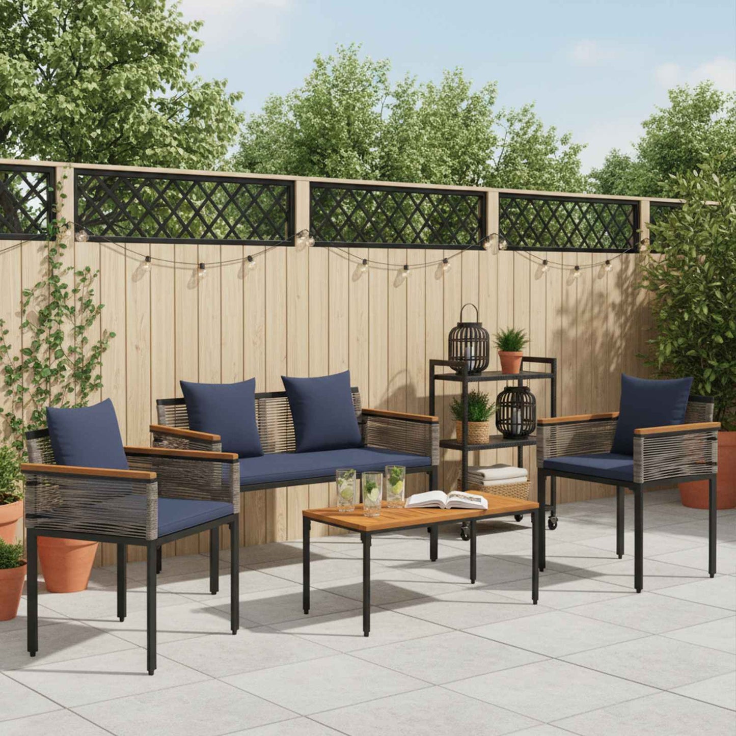 Outdoor Furniture Set 4 pcs Grey and Navy Blue PE Rattan