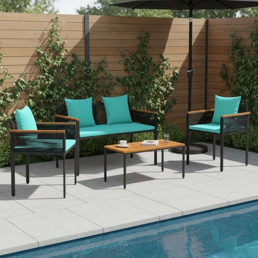 Outdoor Furniture Set 4 pcs Black and Turquoise PE Rattan