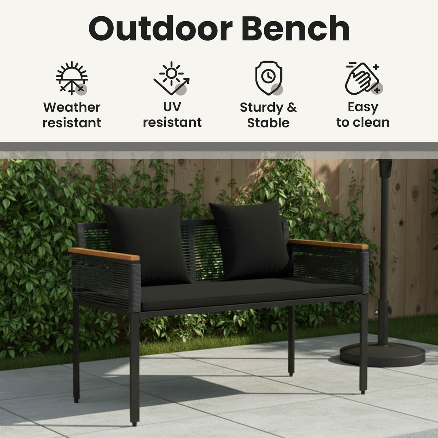 Outdoor Bench with Cushion Black 117 x 54 x 74.5 cm Poly Rattan