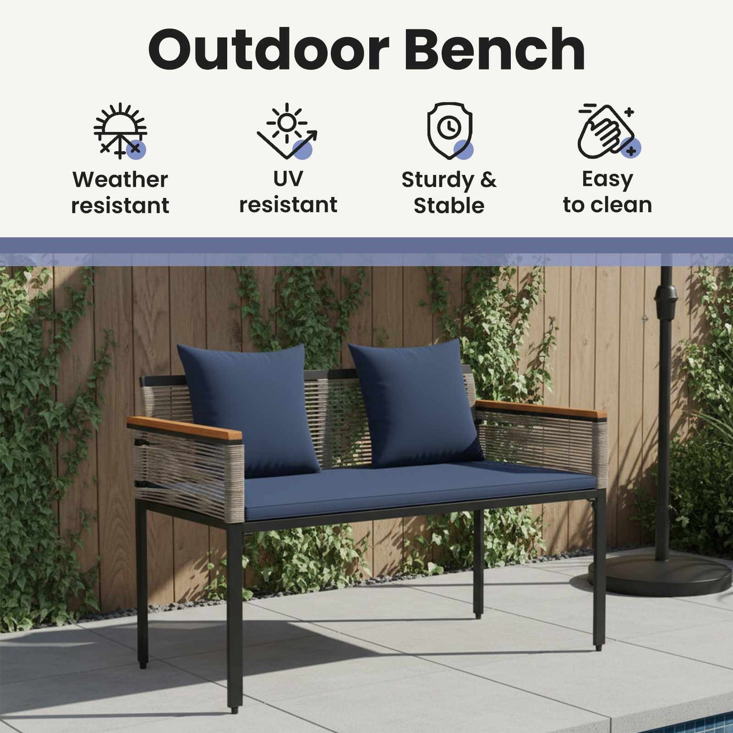 Outdoor Bench Grey and Navy Blue 117 x 54 x 74.5 cm Poly Rattan