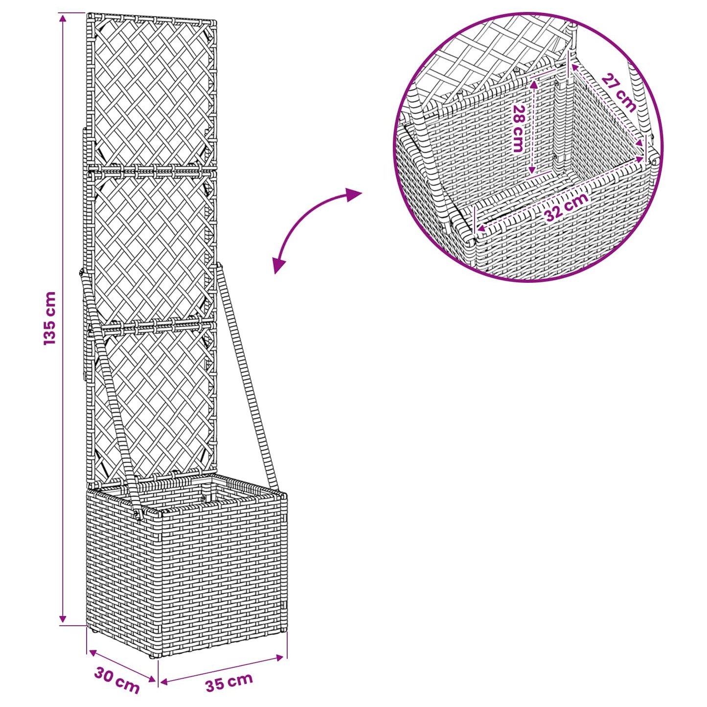 Garden Planter with Trellis Grey 35 x 30 x 135 cm Poly Rattan