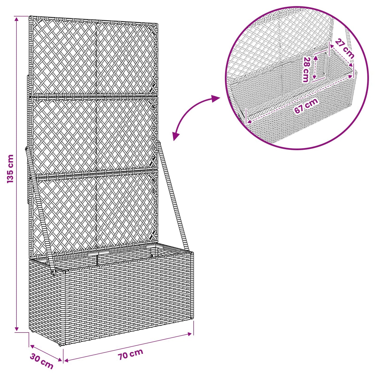Garden Planter with Trellis Grey 70 x 30 x 135 cm Poly Rattan
