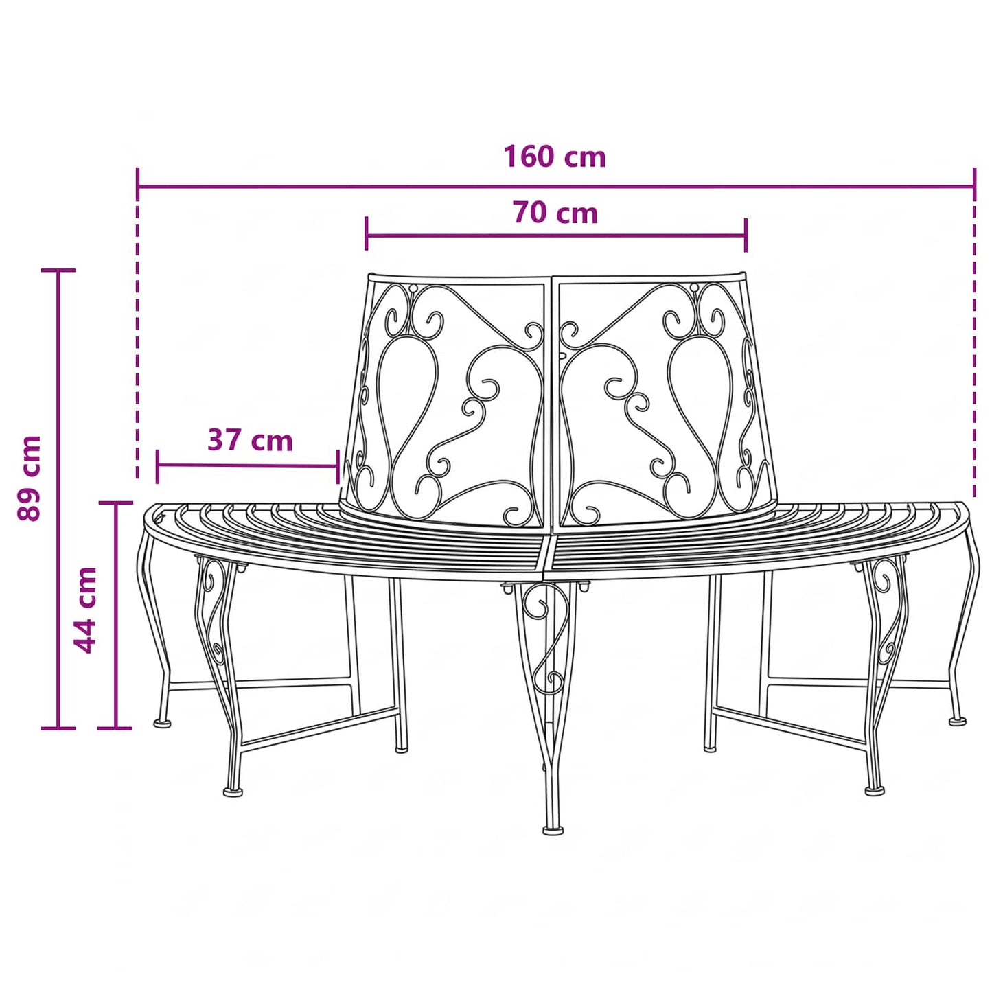 Tree Bench 4-Seater 160 x 80 x 89 cm Steel Black Half-round