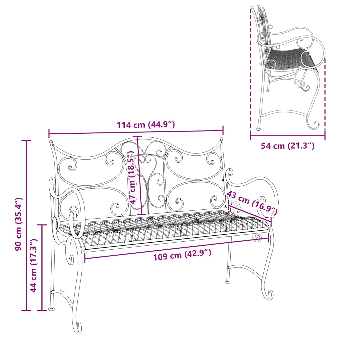 Garden Bench 2-Seater 114 x 56.5 x 90 cm Steel Silver Grey