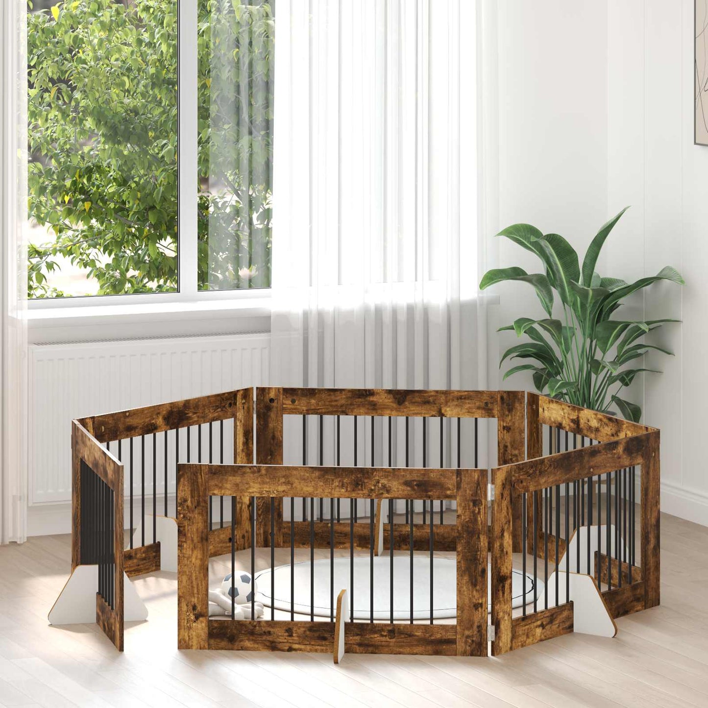 Dog Gate with Stands 6 pcs Smoked Oak 100 x 60 cm