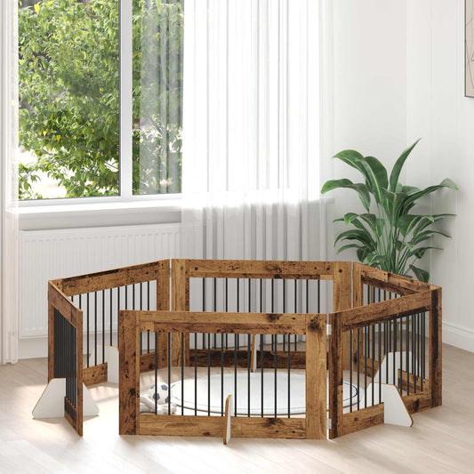 Foldable Dog Gate with Stands 6 pcs Old Wood 602 cm