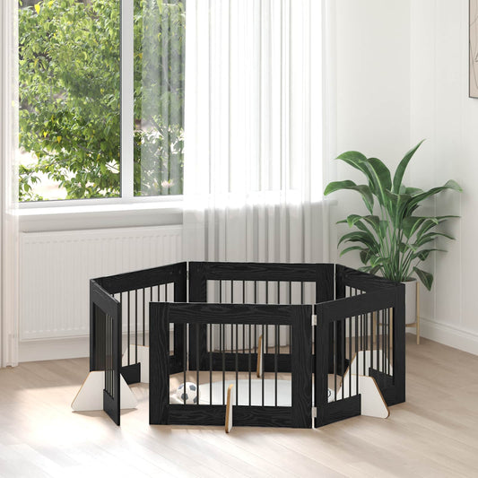 Foldable Dog Gate with Stands 6 pcs Black Oak 482 cm