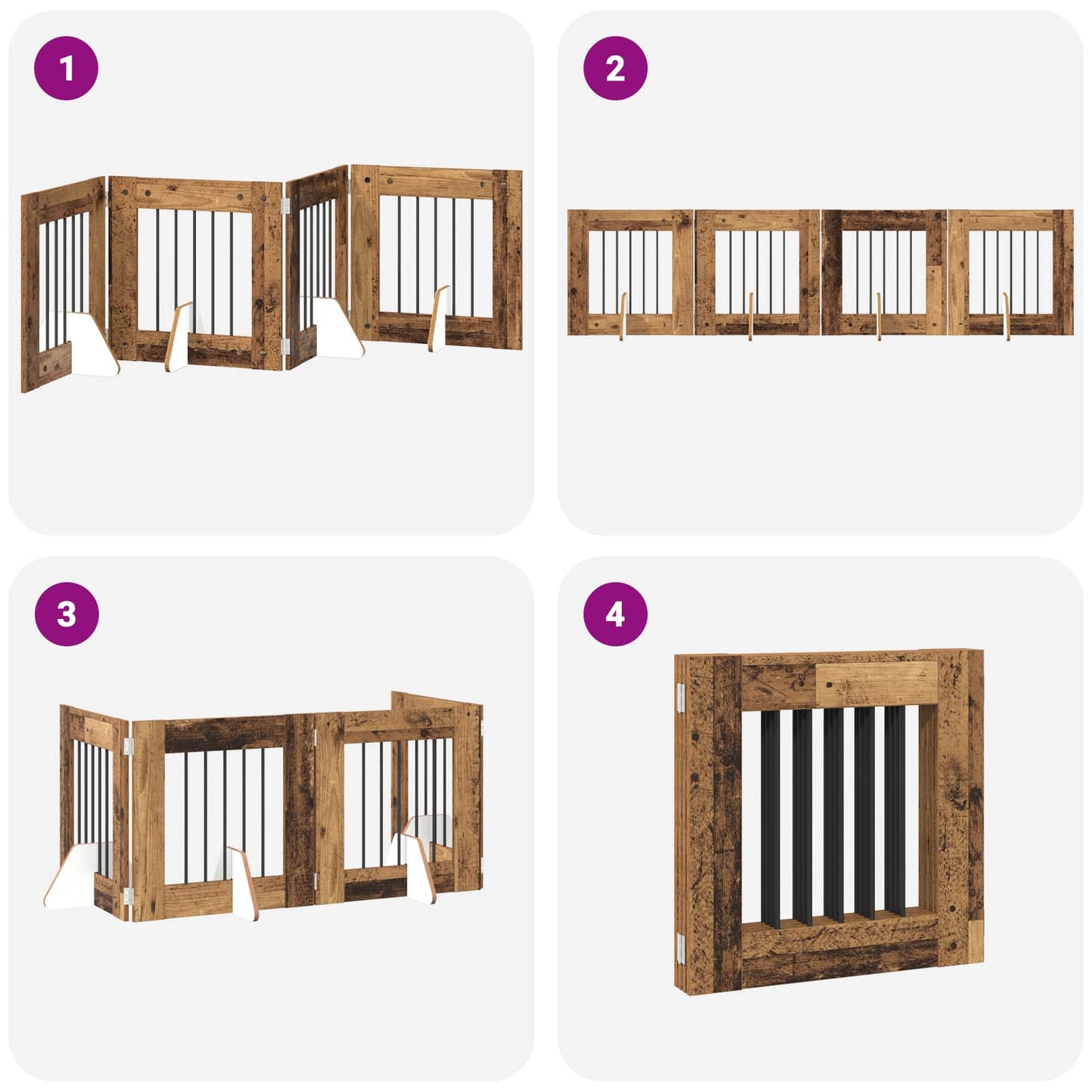 Foldable Dog Gate with Stands 4 pcs Old Wood 241 cm