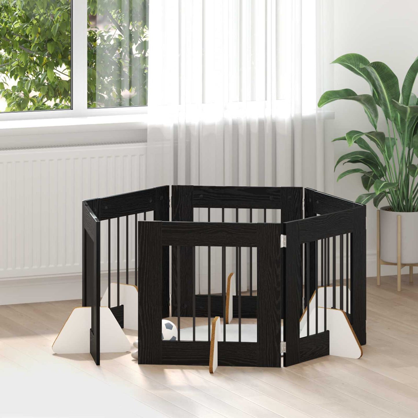 Dog Gate with Stands 6 pcs Black Oak 60 x 60 cm Engineered Wood