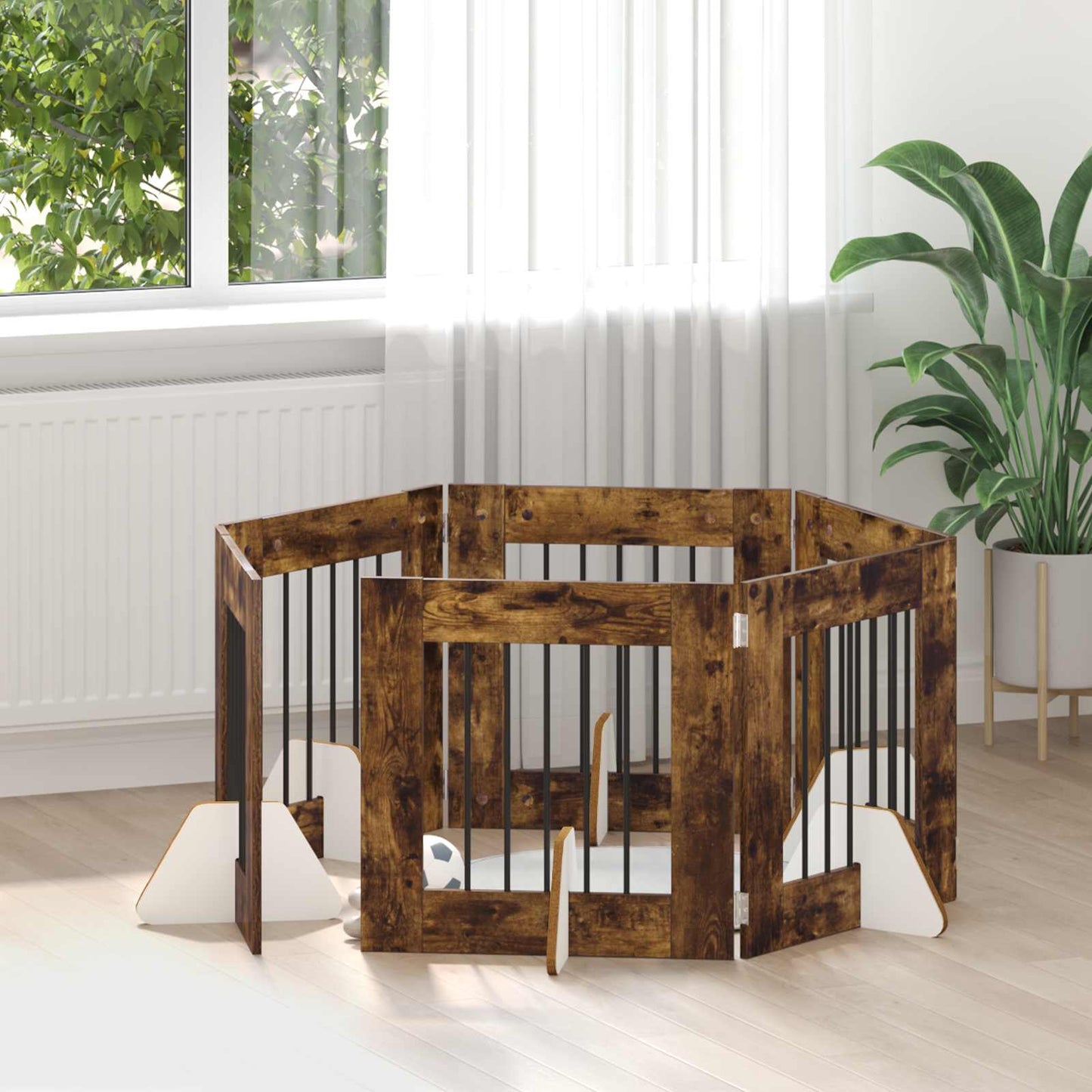 Dog Gate with Stands 6 pcs Smoked Oak 60 x 60 cm