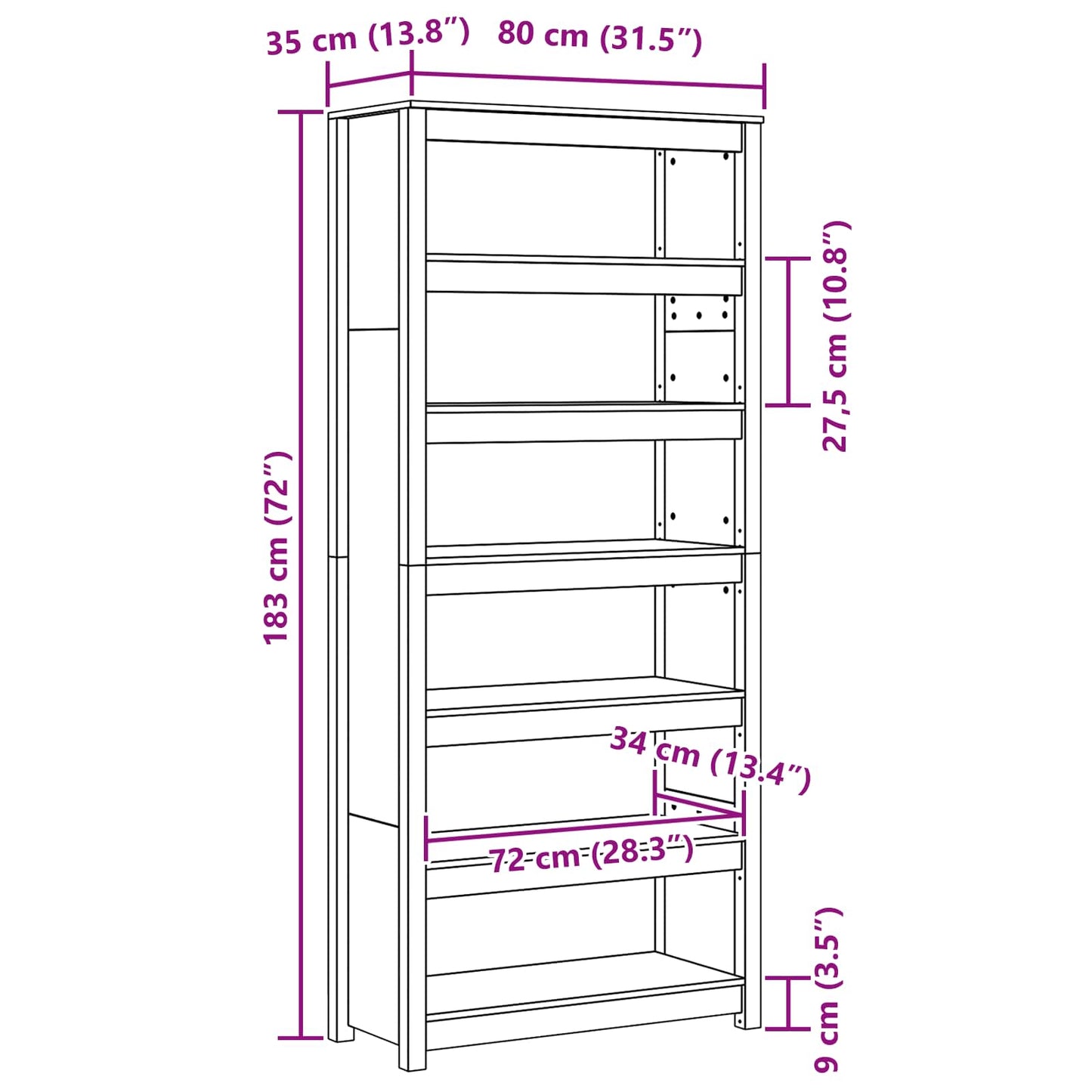 Book Cabinet Wax Brown 80 x 35 x 183 cm Solid Pine Wood