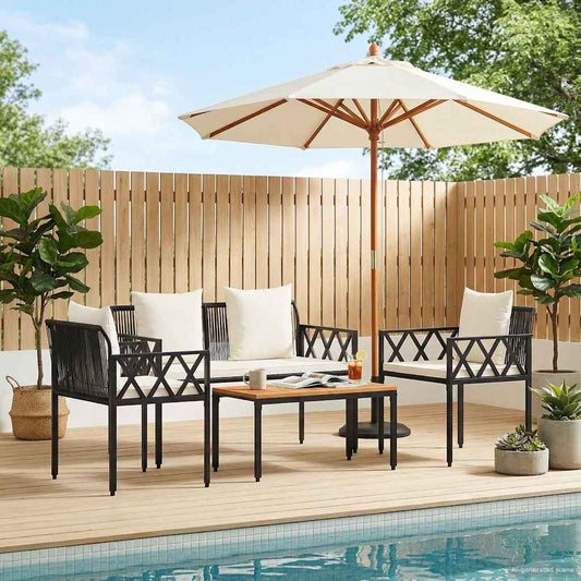Outdoor Furniture Set 4 pcs Black and Cream White Poly Rattan